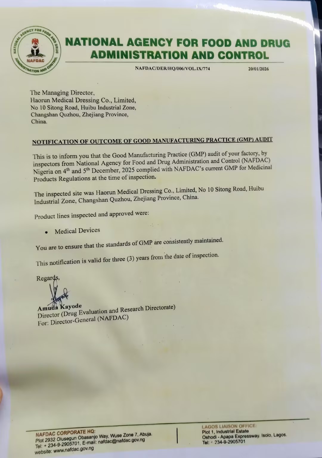 Haorun Medical Products Publice Accipite NAFDAC Registration Certification in Nigeria
